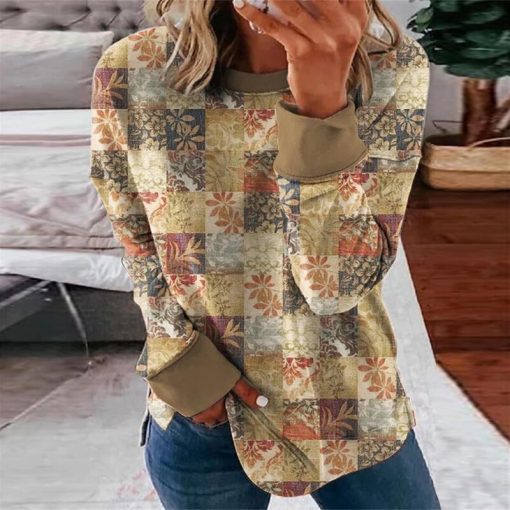 variant image1Vintage Print Round Neck Sweatshirt Womens Blouse Indian Feather Aztec Printed Long Sleeve Pullover Fall Long