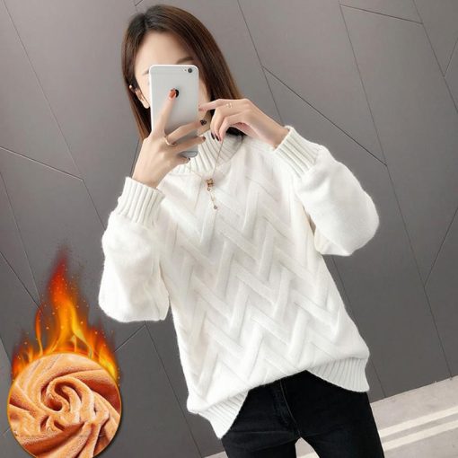 variant image1Winter Thicken Plus Velvet Sweaters For Women Casual Warm Knit Pullovers Korean Fleece Lined Knitwear Ribbed