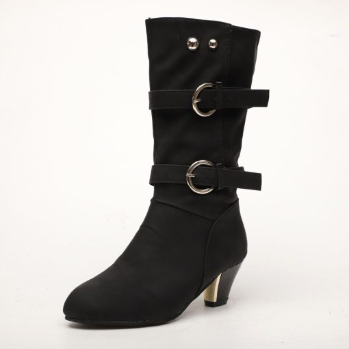 variant image1Winter Women Boots Retro Pu Leather Buckle Slip On Mid Calf Boots Ladies Casual Solid Color