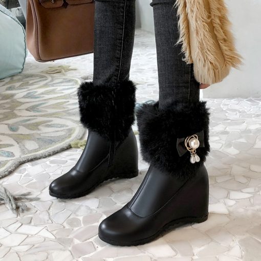 variant image1Women Boots Autumn Winter Warm Fur Height Increasing Ankle Pu Snow Boots Round Toe Pearl Patchwork