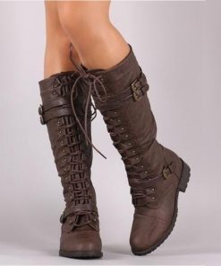 variant image1Women Knee high Boots Autumn Winter Lace Up Flat Shoes Sexy Steampunk PU Retro Buckle women