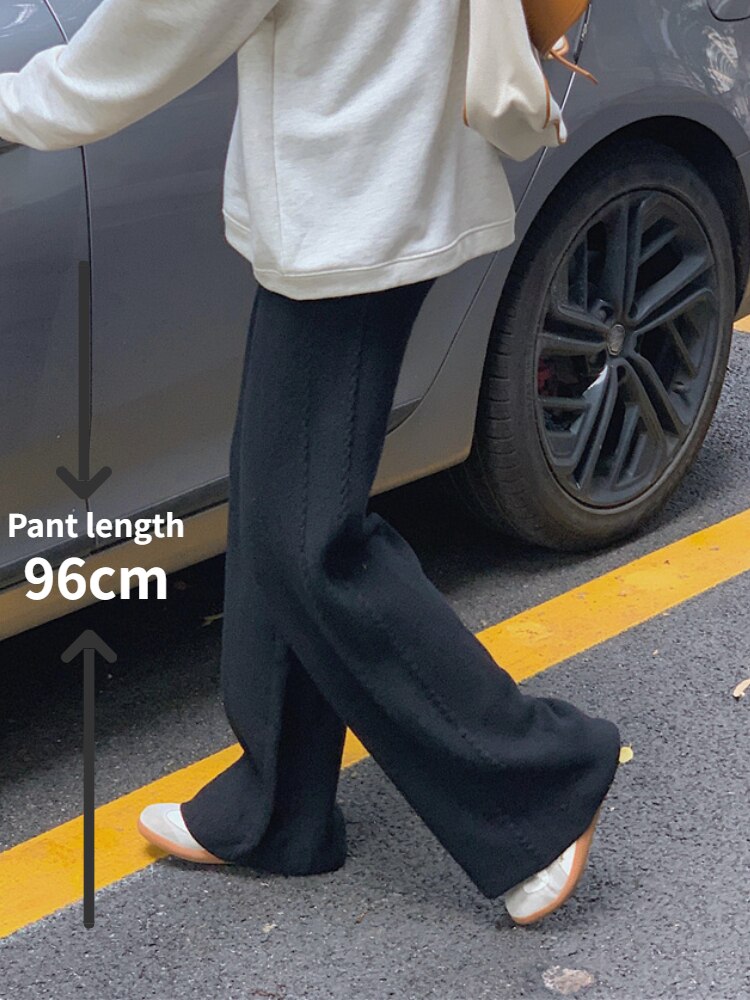 variant image1Women Pants Casual Warm Loose Knitted Wide Leg Pants High Waist Soft Waxy Comfortable Fashion Straight