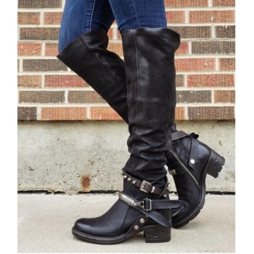 variant image1Women Winter Leather Punk style knee boots Vintage stud zip Women s boots with belt buckle