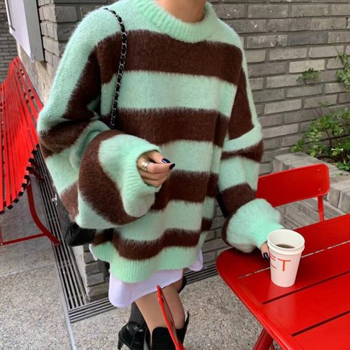 variant image1Women s Clothing Korean Stripe Knitting Sweater Round Neck Long Sleeves Vintage Casual Fashion Baggy Ladies