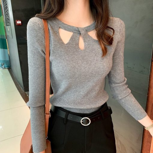 variant image1Women s O neck Slim Stretch Sexy Pullover Hollow Solid Color Sweater Slim Bottoming Shirt Sweater