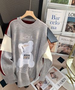 variant image1Women s Sweaters Autumn Knitwear Korean Girls Cute Bear Embroidery O neck Loose Pullover Casual Poleras