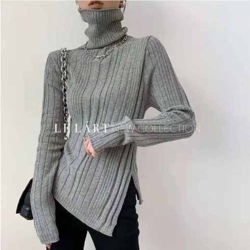 variant image1Women s Turtleneck Sweater 2022 Autumn Winter Side Slit Pullover Tops Knit Sweaters Korean Fashion Slim