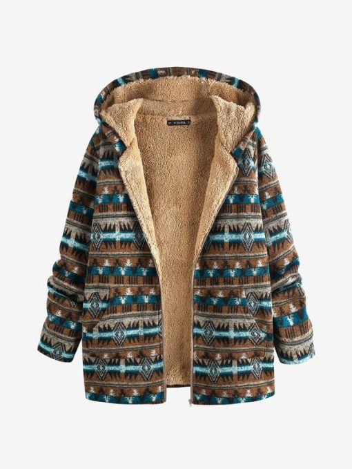variant image1ZAFUL Ethnic Print Faux Fur Lined Hooded Zip Coat Female Long Fuzzy Jacket Winter Clothes Women