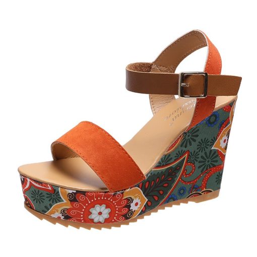 variant image22022 Summer Wedge Sandals for Women Retro Ethnic Print Platform Shoes Ladies Casual Ankle Buckle Comfortable