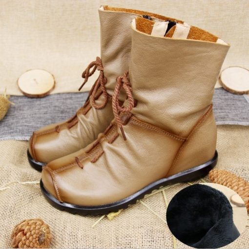 variant image22022 Vintage Style Genuine Leather Women Boots Flat Booties Soft Cowhide Women s Shoes Side Zip