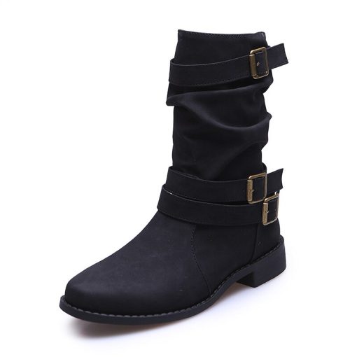 variant image22022 Women Boots Leather Round Toe Retro Buckle Mid Calf Boots Fashion Low Heel Motorcycle Booties