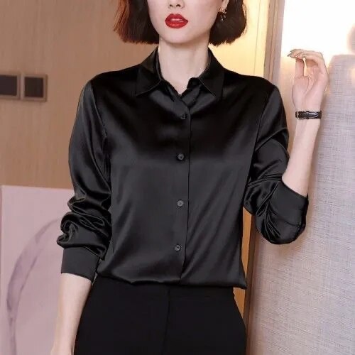 variant image2Brand Quality Luxury Women Shirt Elegant Office Button Up Long Sleeve Shirts Momi Silk Crepe Satin