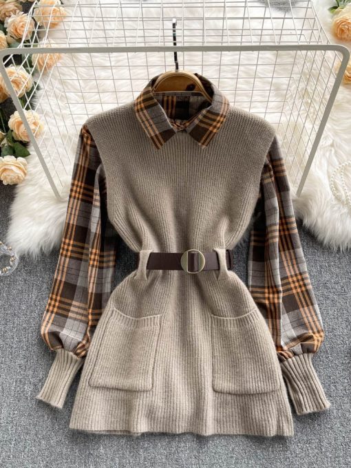 variant image2DEAT Two piece Shirt Chic Plaid Shirt Knitted Sweater Vest Lace Up Waist 2022 Autumn New