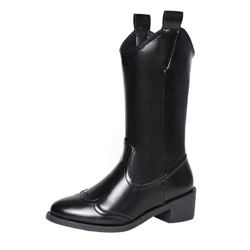 variant image2Fashion Women s Boots Pointed Toe Cowboy Western Mid Calf Boots Autum Winter Low Heel Slip