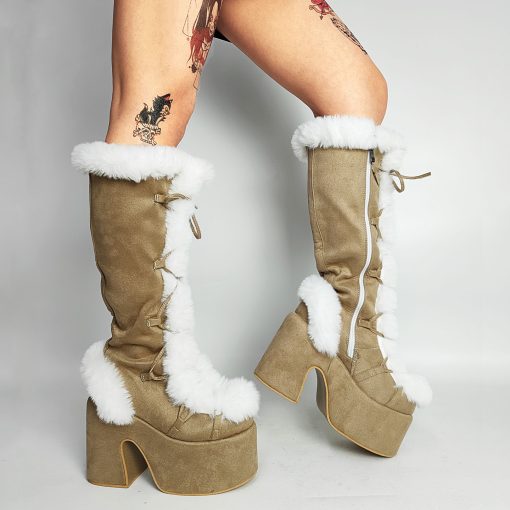 variant image2GIGIFOX Black Furry Platform Chunky High Heeled Winter Autumn Knee High Boots Women Faux Fur Zip