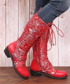 variant image2New Leac Up Embroidery Flowers Knee High Boots Women Ethnic Retro Chunky Heel Large Size Knight