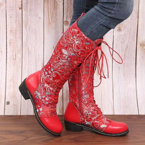 variant image2New Leac Up Embroidery Flowers Knee High Boots Women Ethnic Retro Chunky Heel Large Size Knight