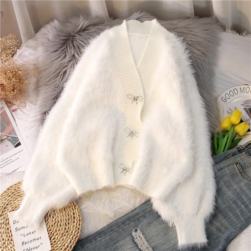 variant image2Pink Faux Mink Cashmere Sweater Coat Short Women s Cardigan Autumn Winter Puff Sleeve knitted jackets