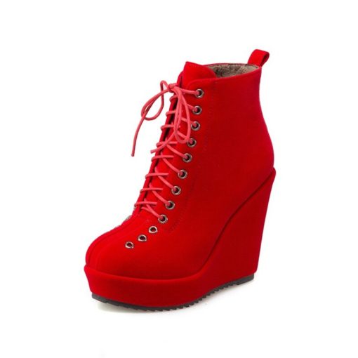 variant image2Platform Women s Ankle Boots Shoes Autumn Winter Wedge Heels Lace Up Short Boots Nude Red