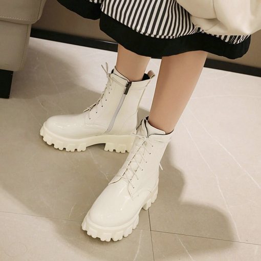 variant image2Red White Black Women Ankle Boots Platform Square Heel Ladies Ridding Boots Cross Tied Fashion Women