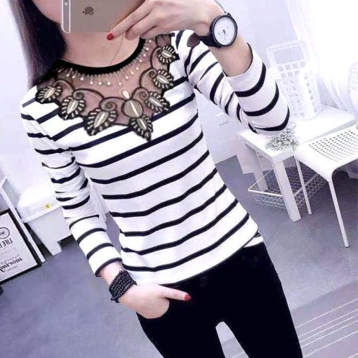 variant image2Spring Autumn Turtleneck Long Sleeved Slim T shirts Fashion New Hollow Out Striped Skinny Casual Trend