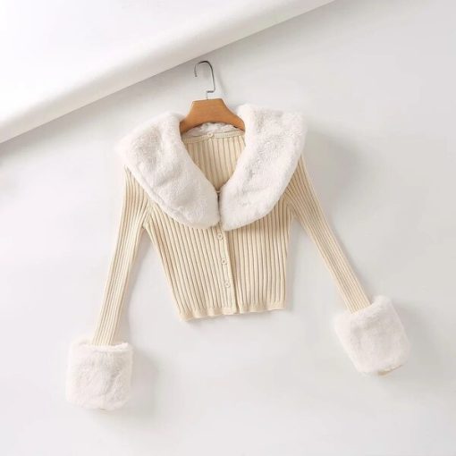 variant image2TVVOVVIN Winter Removable Rabbit Fur Collar Long Sleeve Screw Thread Knitting Short Cardigan Sweater For Women
