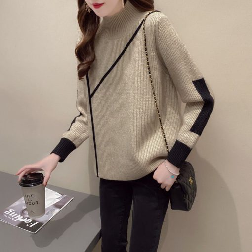 variant image2Winter Turtleneck Fashion Loose Solid Color Striped Long Sleeved Knitting T shirts Casual Korean Comfortable Women