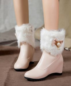 variant image2Women Boots Autumn Winter Warm Fur Height Increasing Ankle Pu Snow Boots Round Toe Pearl Patchwork