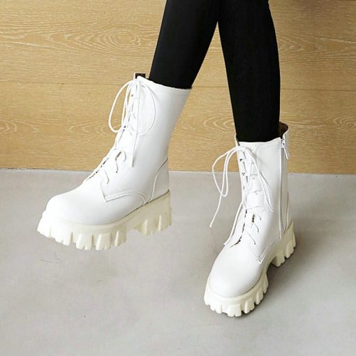 variant image32021 Women Ankle Boots Platform Square Heel Ladies Short Boots PU Leather Round Toe Side Zipper