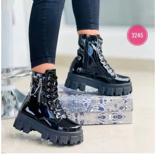 variant image32022 Winter Trend Women s Boots Patent Leather Zipper Warm Punk Gothic Combat Boots Lace Up