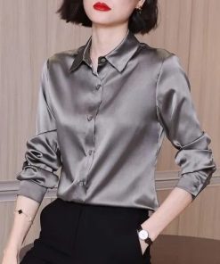 variant image3Brand Quality Luxury Women Shirt Elegant Office Button Up Long Sleeve Shirts Momi Silk Crepe Satin