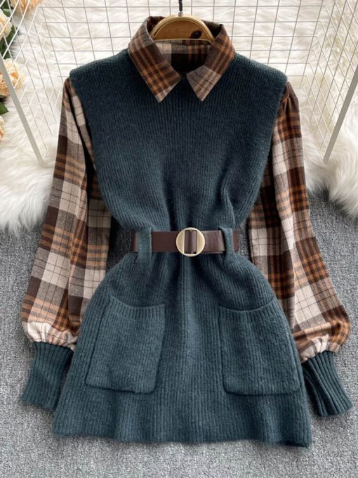 variant image3DEAT Two piece Shirt Chic Plaid Shirt Knitted Sweater Vest Lace Up Waist 2022 Autumn New