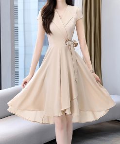 variant image3Elegant Fashion V neck Solid Color Short Sleeve Chiffon Empire Dresses Bow Belt A LINE Skirt
