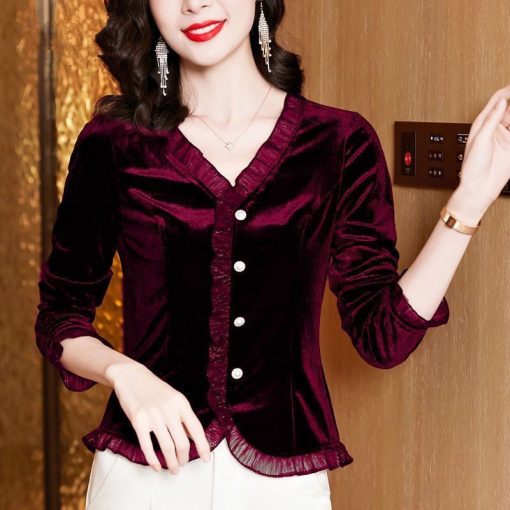 variant image3Elegant V Neck Button Folds Lace Ruffles Shirt Women s Clothing 2022 Autumn New Oversized Casual