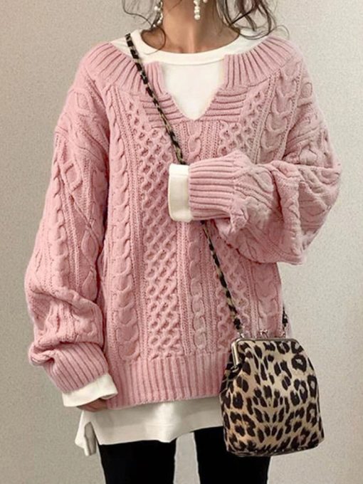 variant image3Knitted Sweater Women Fashion Chic Pullovers Sweet Basic Casual Loose Long Sleeve V Neck Knitwear Tops