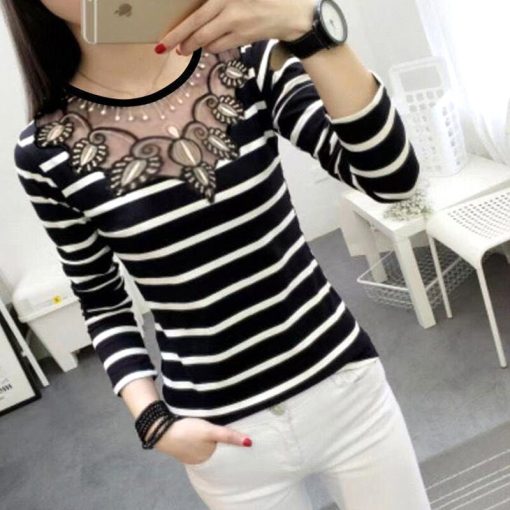 variant image3Spring Autumn Turtleneck Long Sleeved Slim T shirts Fashion New Hollow Out Striped Skinny Casual Trend
