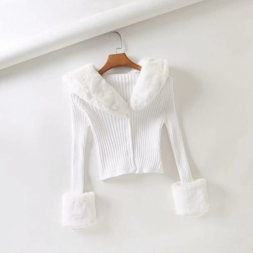 variant image3TVVOVVIN Winter Removable Rabbit Fur Collar Long Sleeve Screw Thread Knitting Short Cardigan Sweater For Women