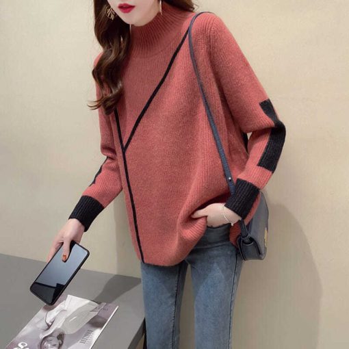 variant image3Winter Turtleneck Fashion Loose Solid Color Striped Long Sleeved Knitting T shirts Casual Korean Comfortable Women