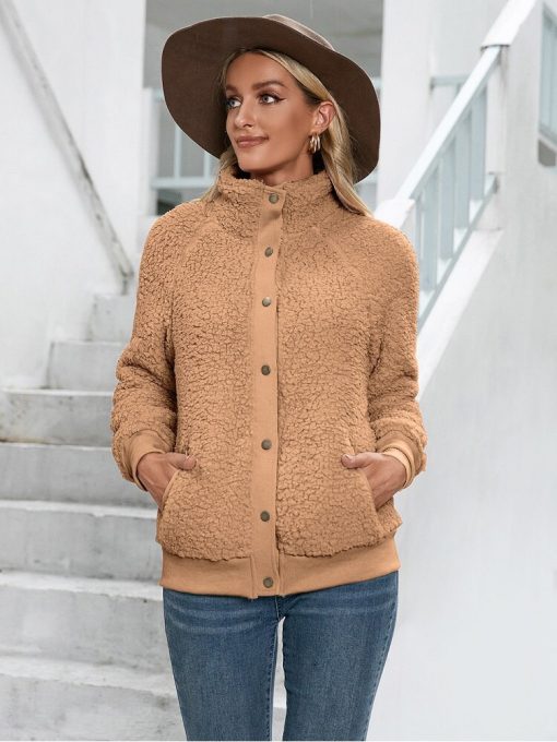 variant image3Women Autumn Winter Warm Button Fur Jacket Female Plush Overcoat Casual Outerwear Solid Faux Fur Coat