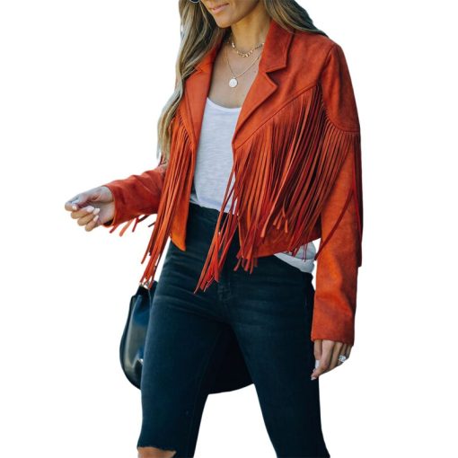 variant image3Women Y2k Fringed Hem Tassel Cardigan Crop Tops E girl Motor Biker Jacket Suede Leather Jacket