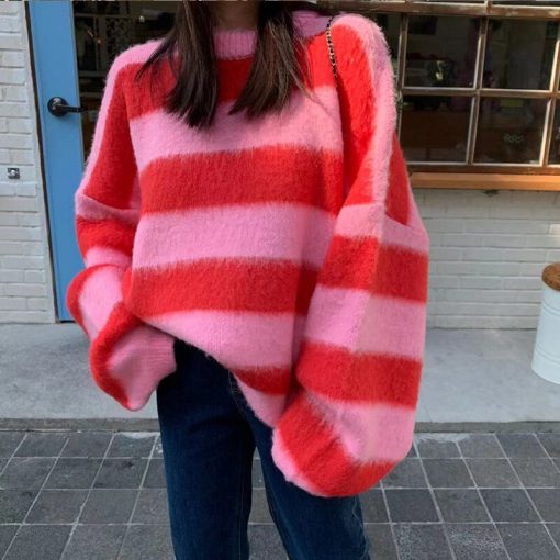 variant image3Women s Clothing Korean Stripe Knitting Sweater Round Neck Long Sleeves Vintage Casual Fashion Baggy Ladies