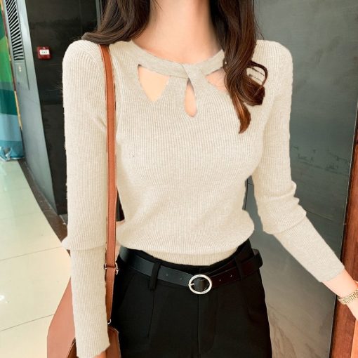 variant image3Women s O neck Slim Stretch Sexy Pullover Hollow Solid Color Sweater Slim Bottoming Shirt Sweater
