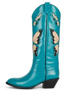 variant image3Womens Cowboy Cowgirl Mid Calf Boots Butterfly Embroidered Pointed Toe Stacked Heel Autumn Winter Slip On