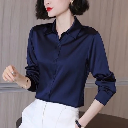 variant image4Brand Quality Luxury Women Shirt Elegant Office Button Up Long Sleeve Shirts Momi Silk Crepe Satin