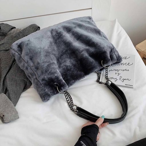 variant image4Faux Fur Women Shoulder Bag Casual Plush Lady Tote Handbag Fashion Chain Larger Capacity Shopping Bag