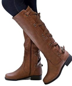 variant image4Women Knee Boots Thick Heels Zipper Lace Up Women s Buckle Shoes Woman Fashion Boot Punk