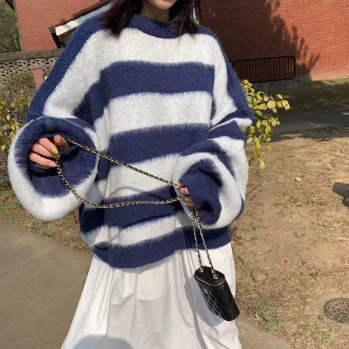 variant image4Women s Clothing Korean Stripe Knitting Sweater Round Neck Long Sleeves Vintage Casual Fashion Baggy Ladies