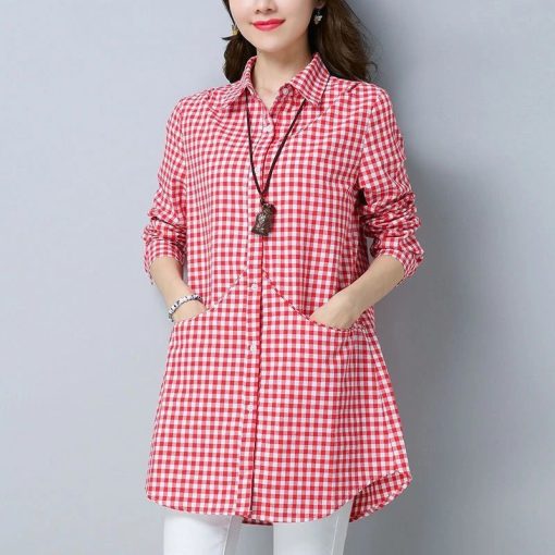 variant image4Women s Oversize Plaid Shirt With Pockets Ladies Fashion Elegant Blouses 2021 Long Sleeve Top Korean