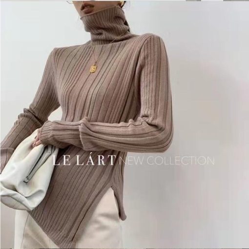 variant image4Women s Turtleneck Sweater 2022 Autumn Winter Side Slit Pullover Tops Knit Sweaters Korean Fashion Slim