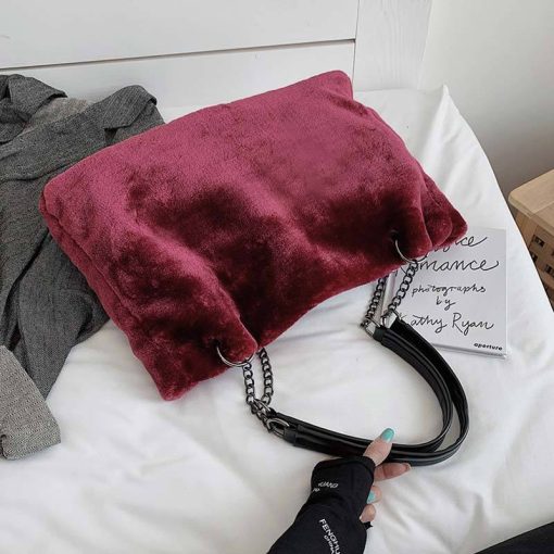 variant image5Faux Fur Women Shoulder Bag Casual Plush Lady Tote Handbag Fashion Chain Larger Capacity Shopping Bag